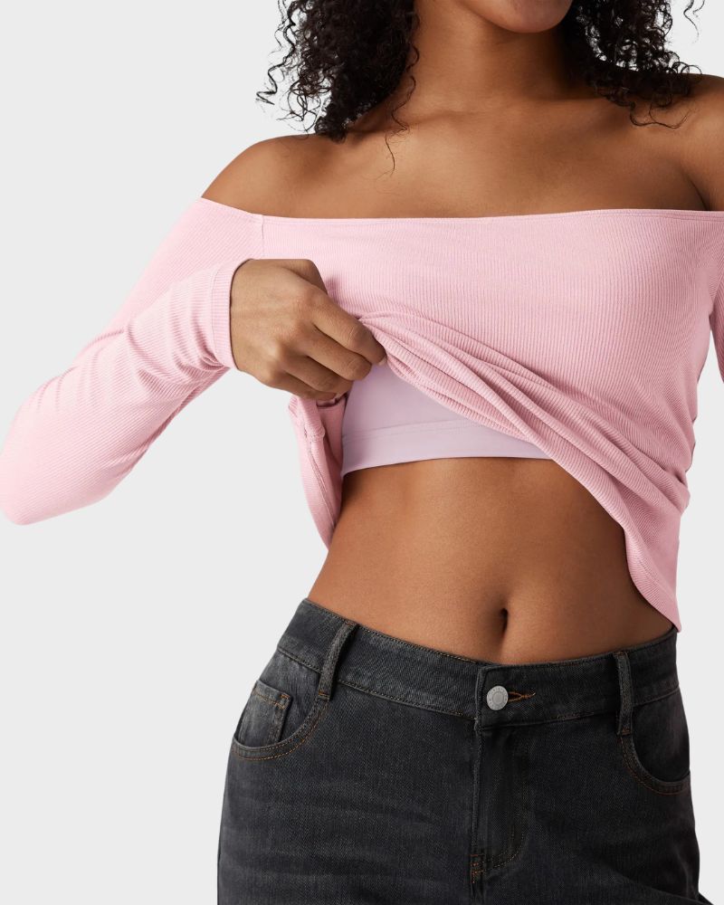 Ribbed Off-Shoulder Built-In Bra Long Sleeve Top