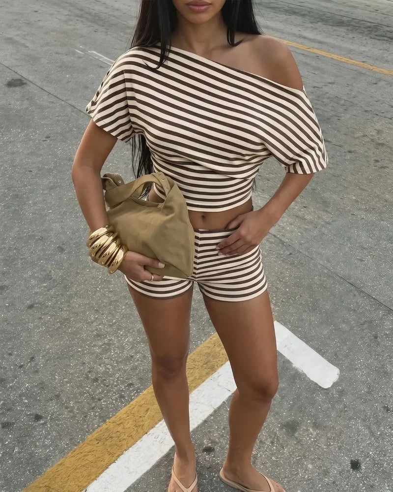 Striped Off-Shoulder Crop Top & High-Waist Shorts Set