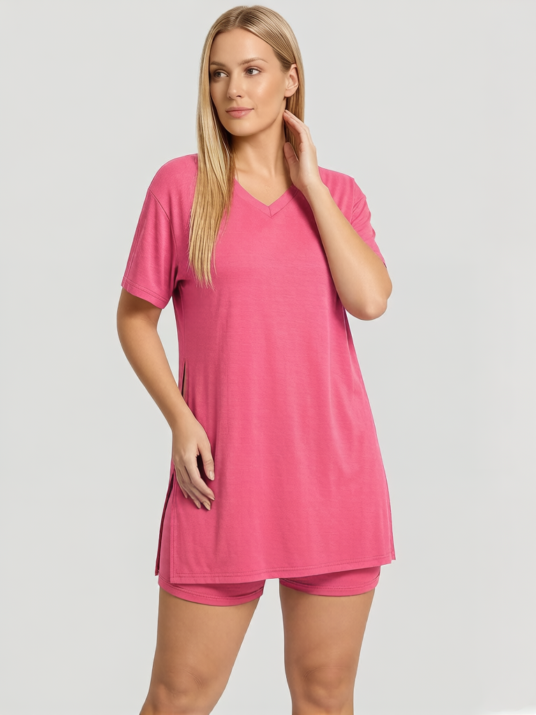 Women Summer Lounge Set Oversized Tee Biker Shorts Reversible Tracksuit