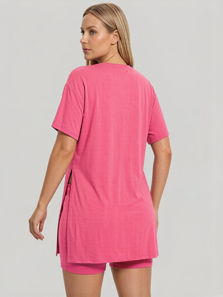 Women Summer Lounge Set Oversized Tee Biker Shorts Reversible Tracksuit
