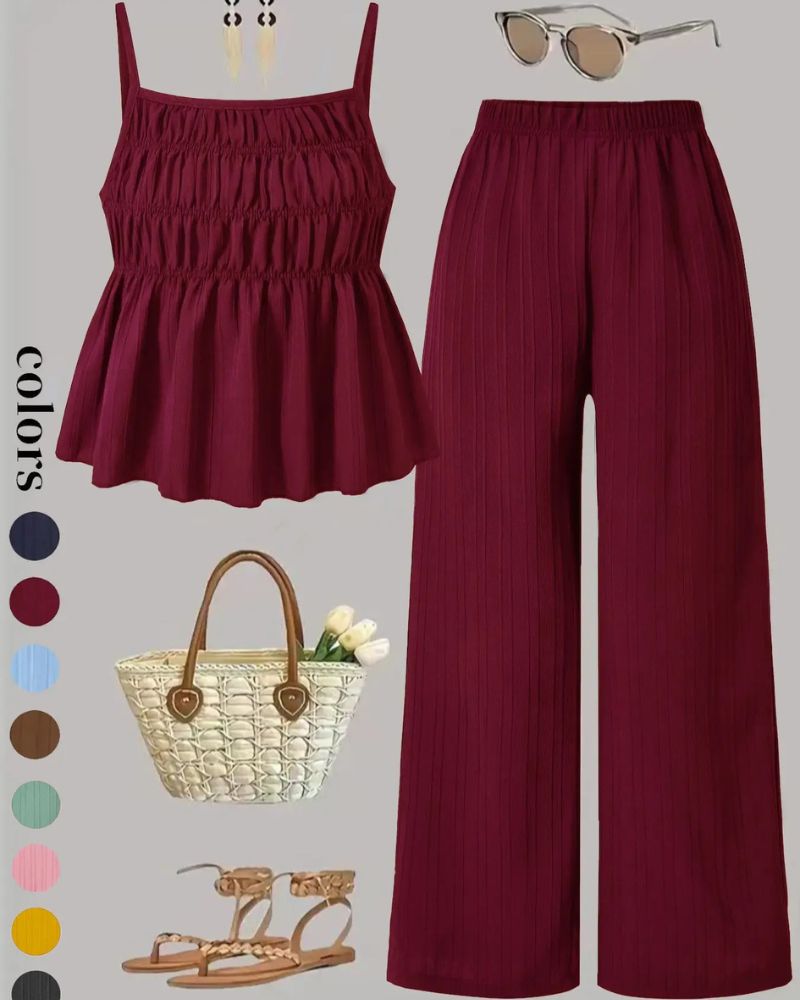 Solid Color Cami Top & Wide-Leg Pants Two-Piece Set