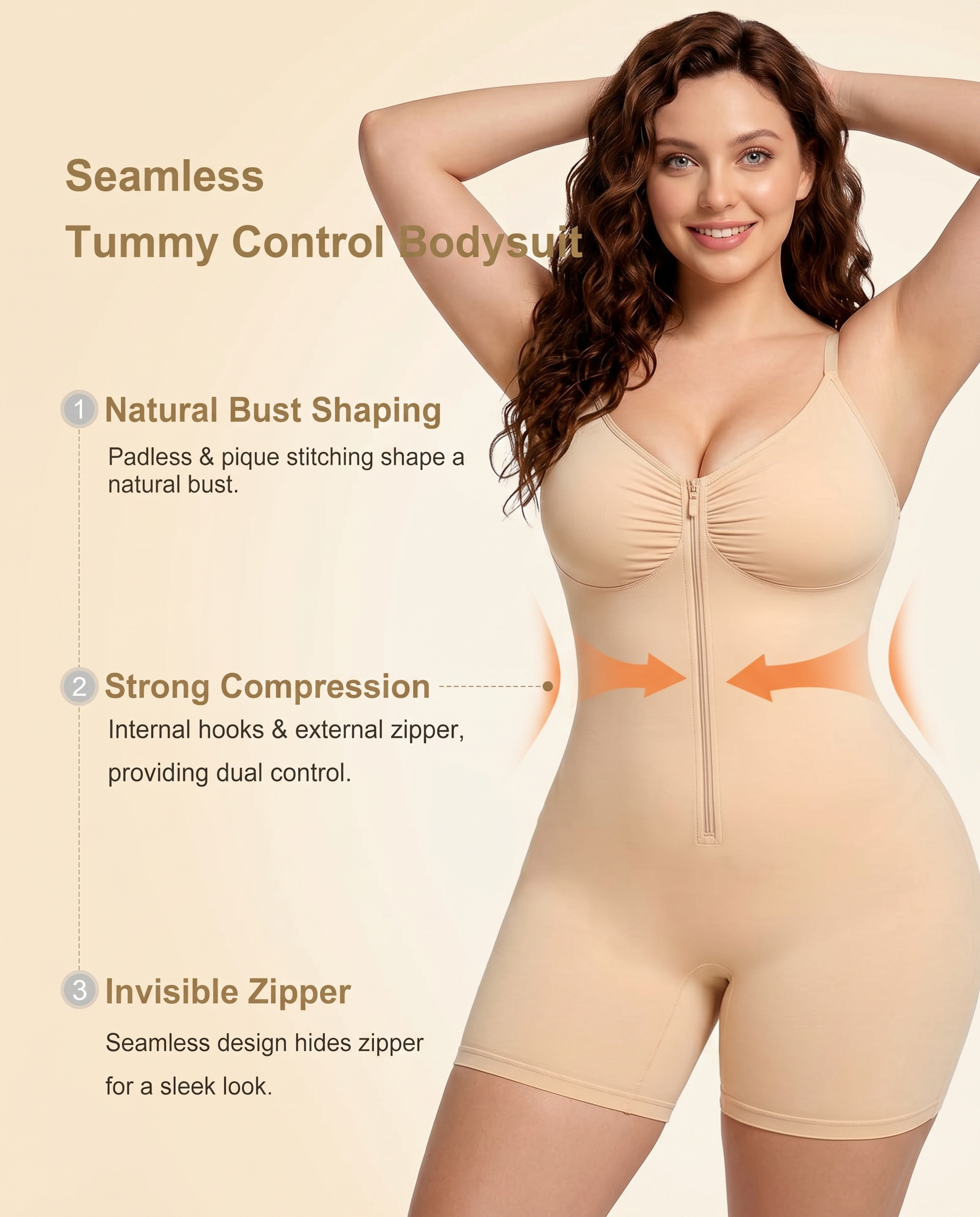 Women's High Elastic Zipper Adjustable Straps Breathable Mesh Design Tummy Control Body Shaper