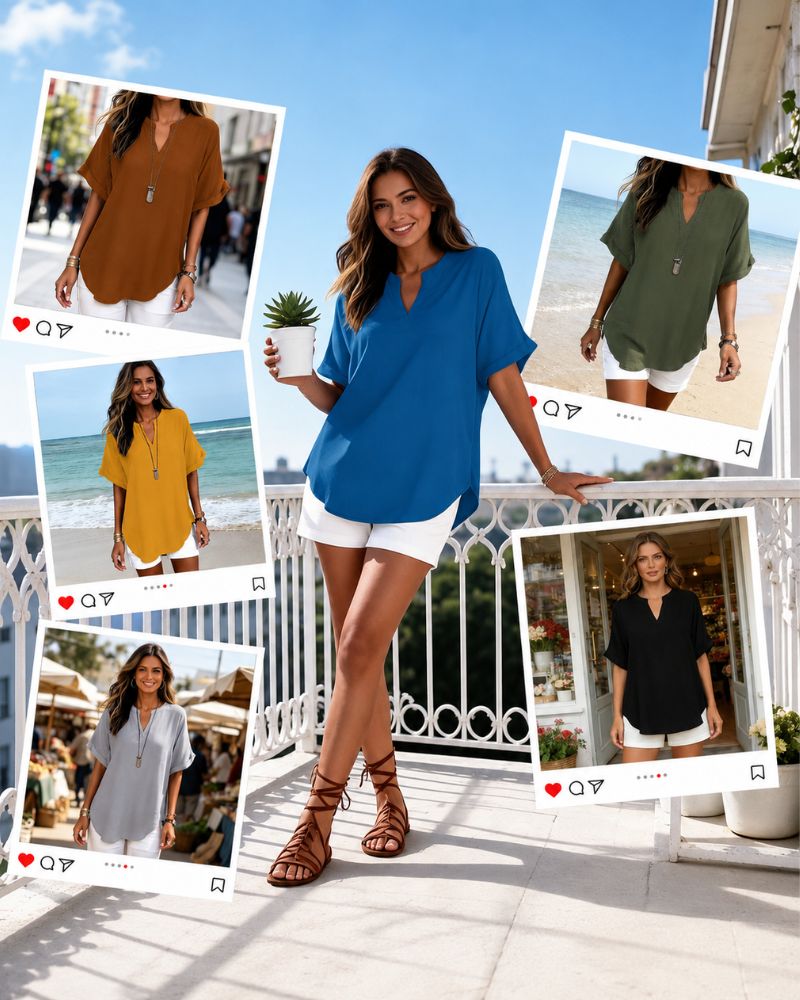 Relaxed V-Neck Short Sleeve Blouse