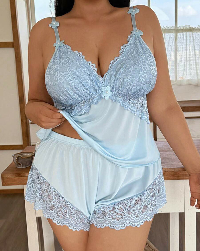 Plus Size Lace Satin Cami Pajama Set – Sexy Two-Piece Sleepwear for Women