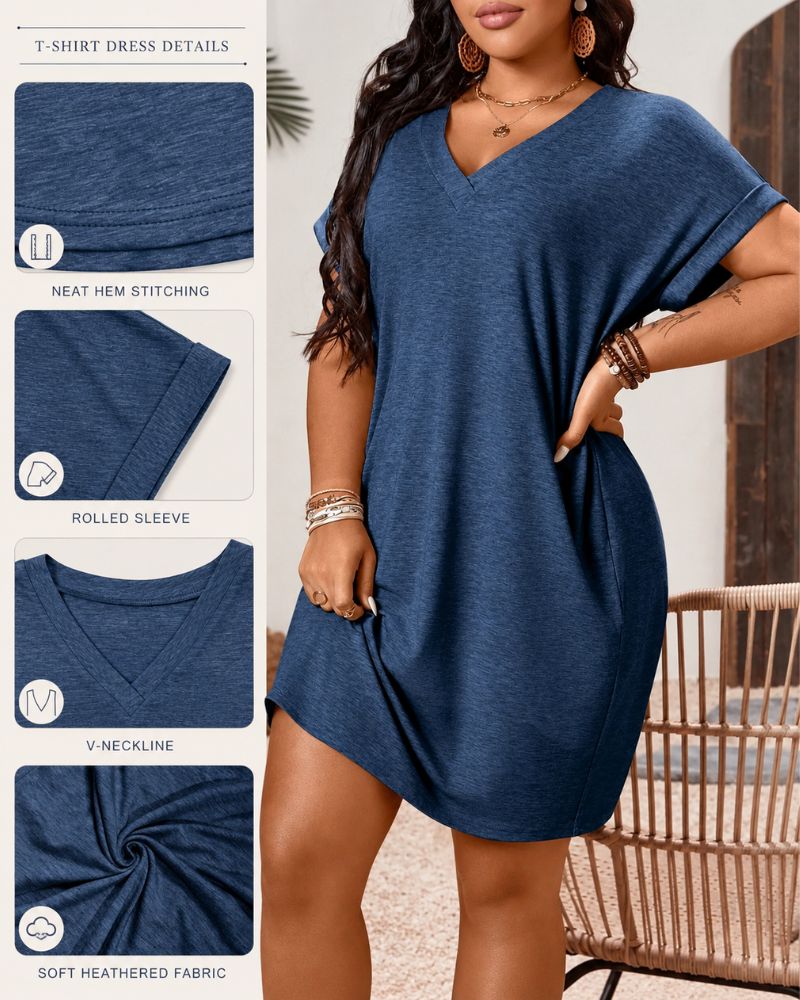 Plus Size V-Neck Batwing Sleeve T-Shirt Dress