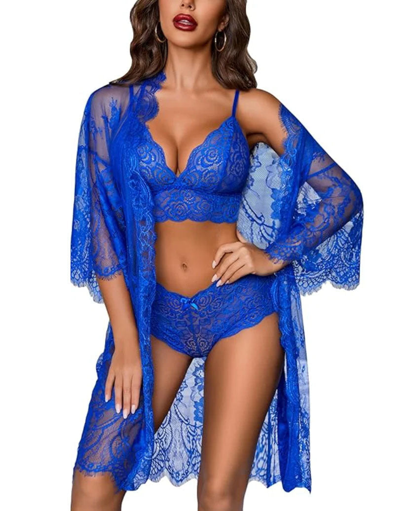 3-Piece Elegant Floral Lace Lingerie Set with Robe