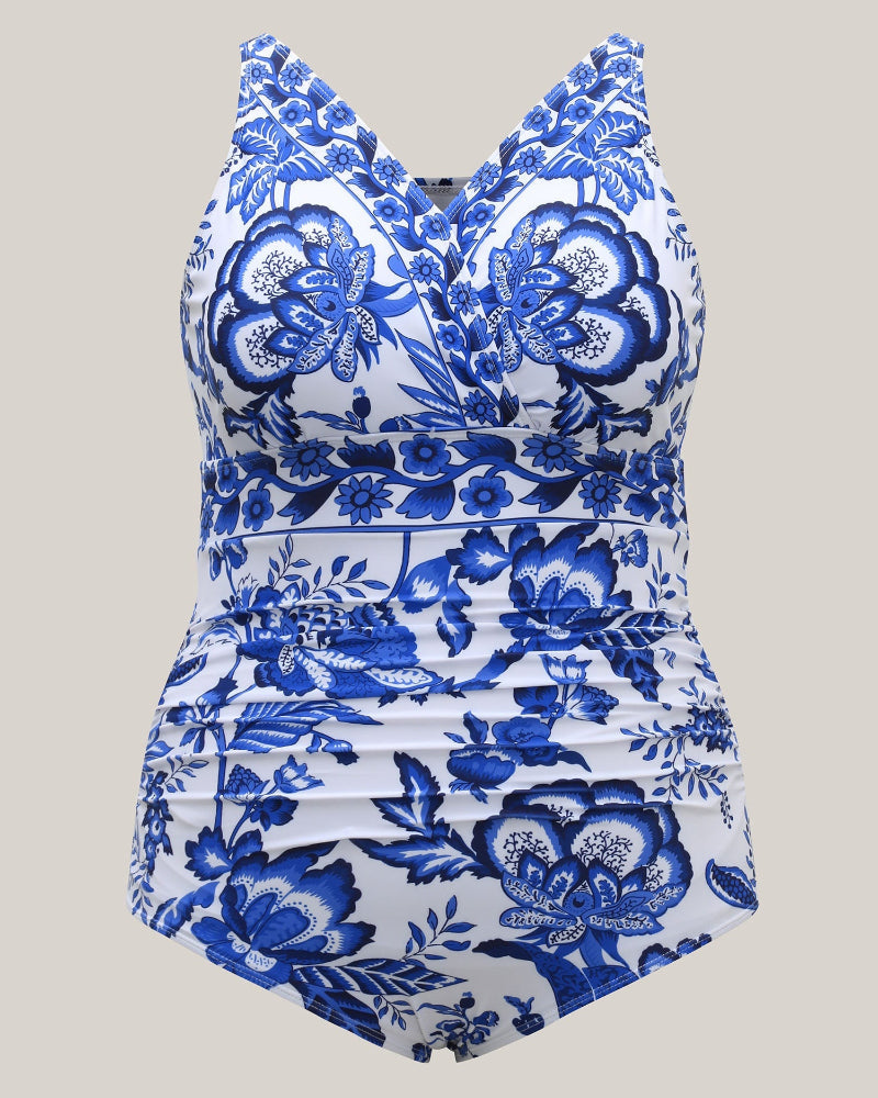 Two-Piece Floral Print Ruched Mesh Swimsuit, Sarong