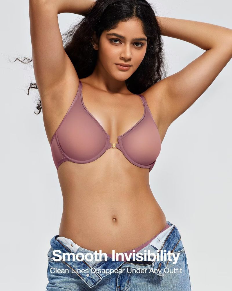 Front-Closure Mesh Plunge Racerback Underwire Bra