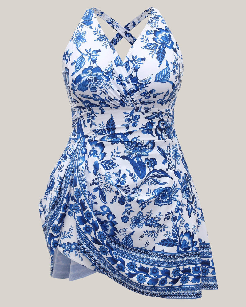Boho Print Ruched Pockets Swim Dress