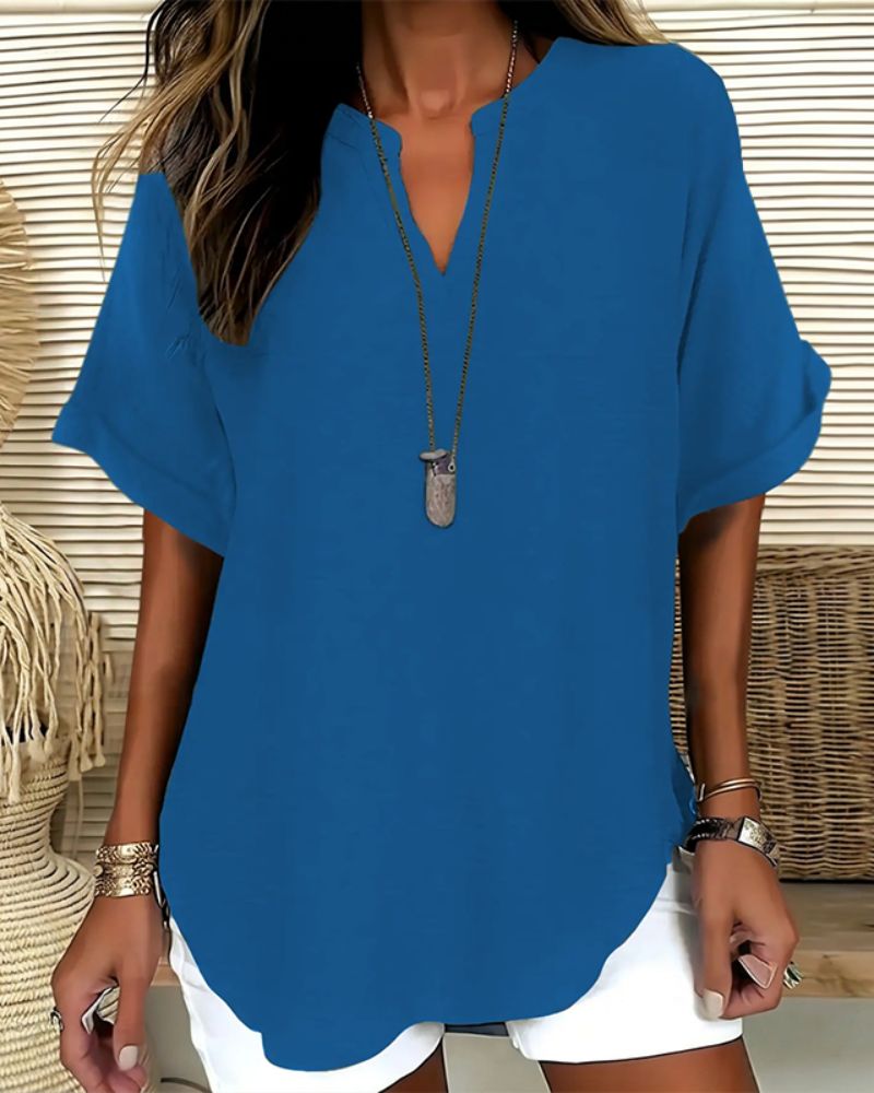 Relaxed V-Neck Short Sleeve Blouse