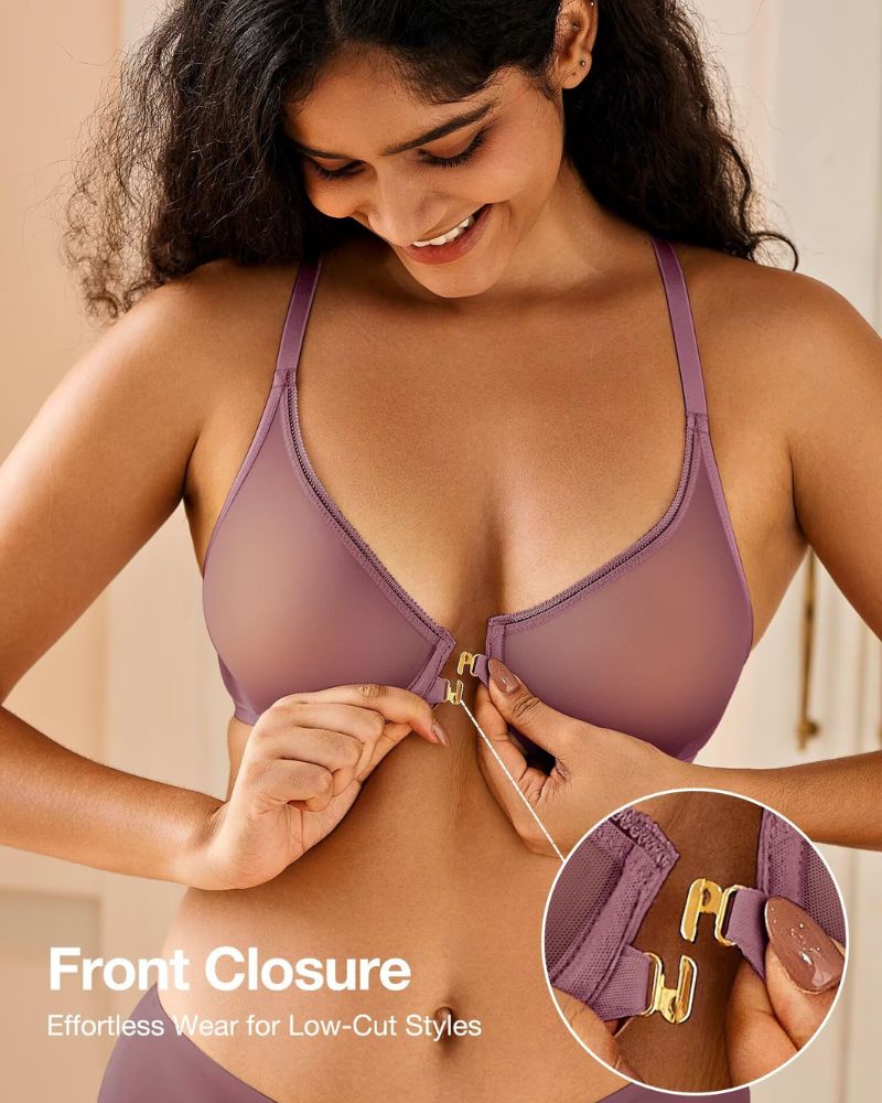 Front-Closure Mesh Plunge Racerback Underwire Bra