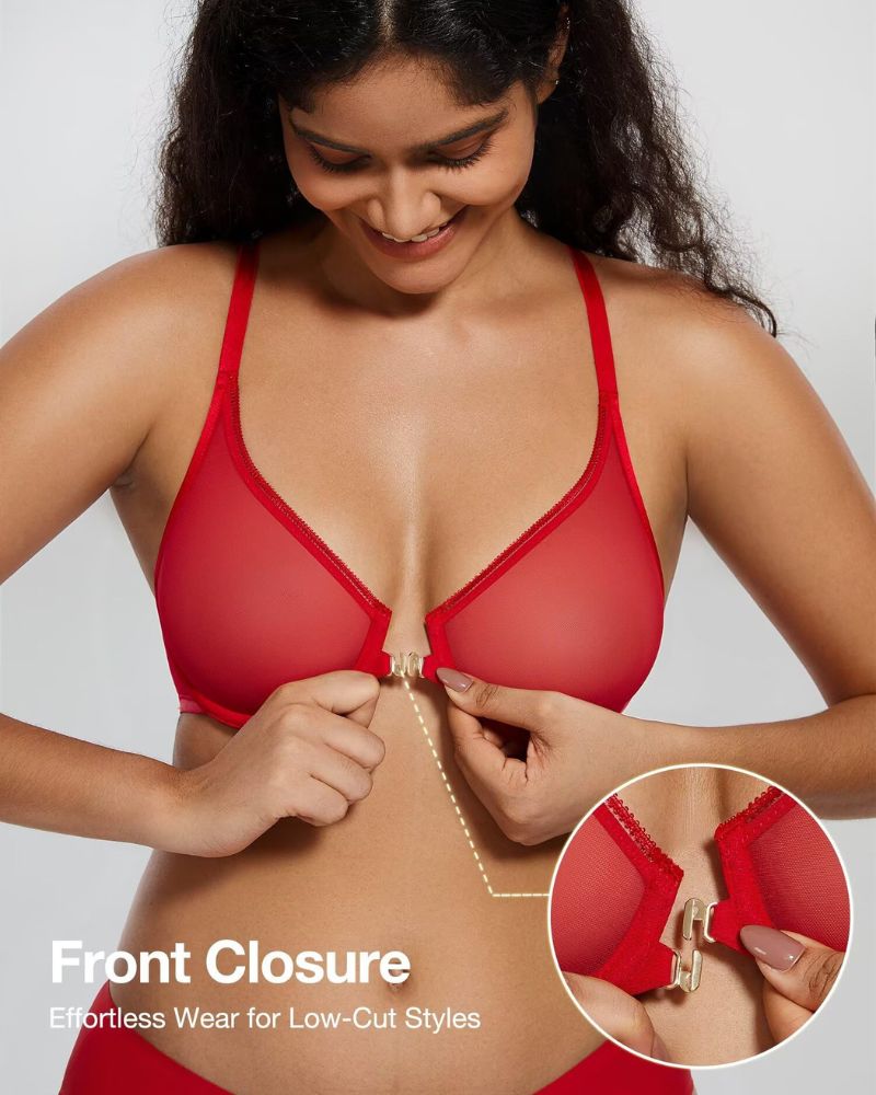 Front-Closure Mesh Plunge Racerback Underwire Bra