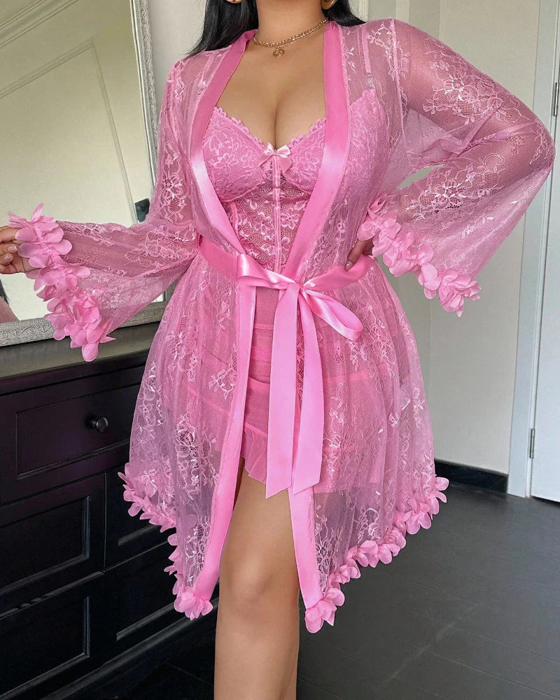 Plus size Lace Cami Nightgown & Floral Lace Trim Wide Sleeve Sheer Robe