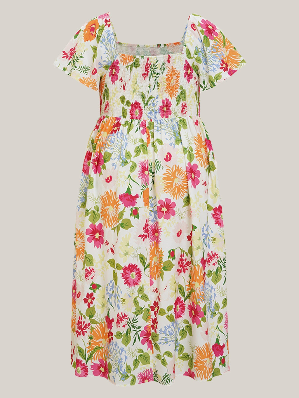 Floral Smocked Square Neck Midi Dress with Pockets
