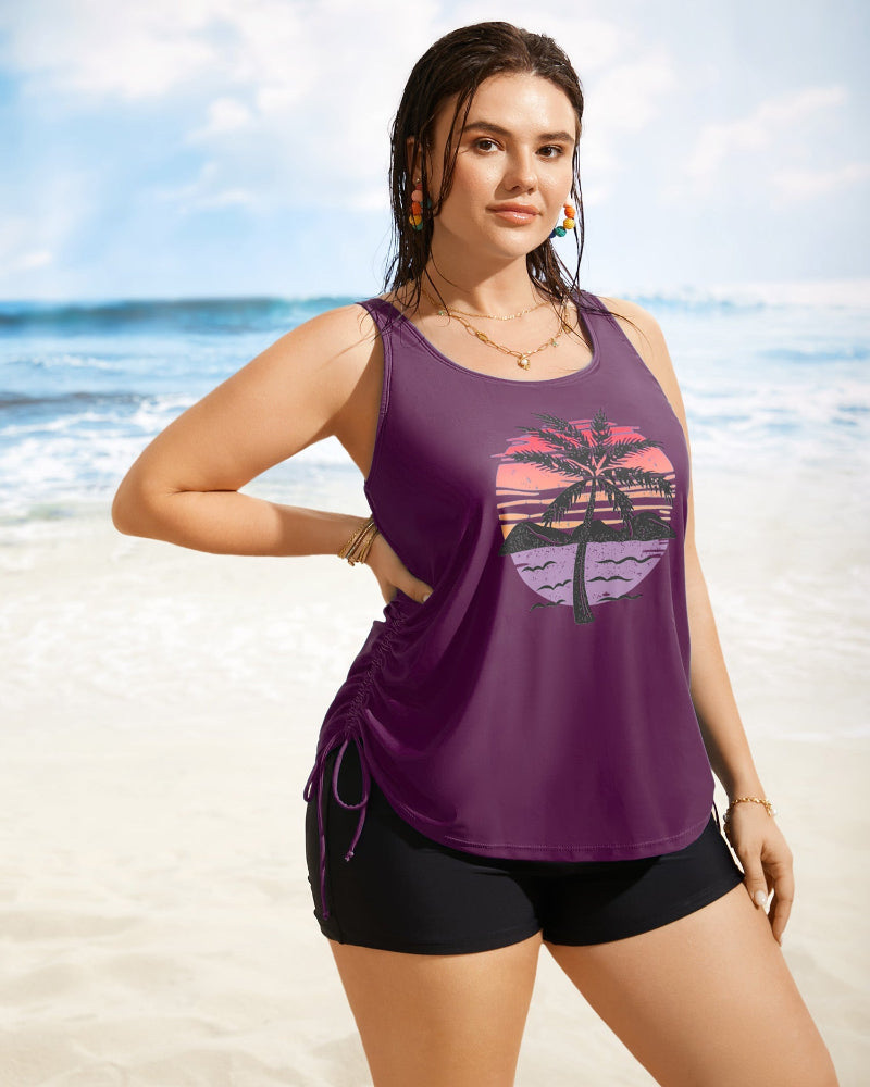Island Print Drawstring Adjustable Swim Top