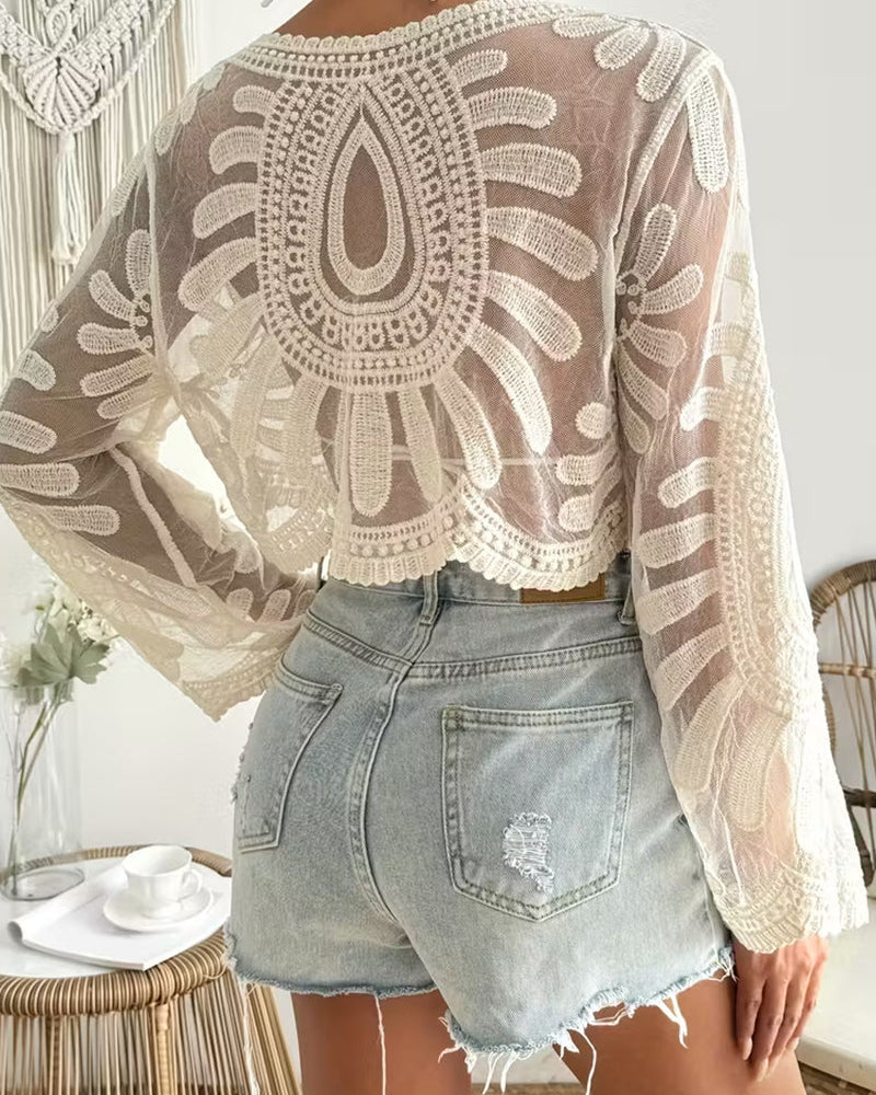 Women’s Floral Embroidery Sheer Beach Cover-Up
