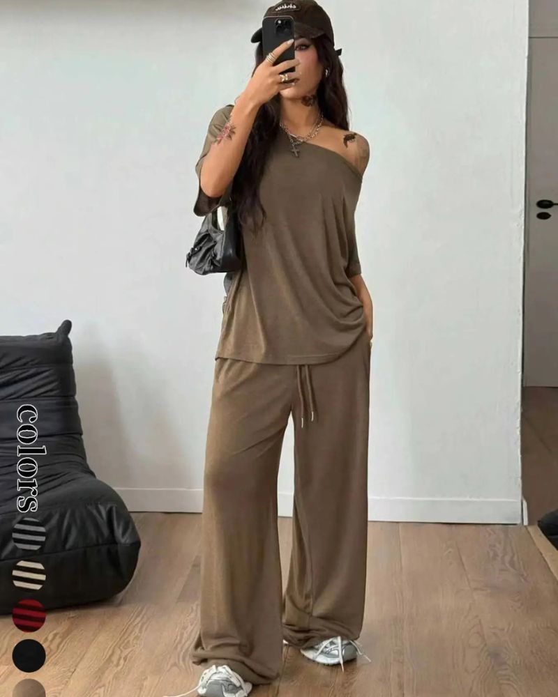 Striped Off-Shoulder Wide-Leg Two-Piece Set