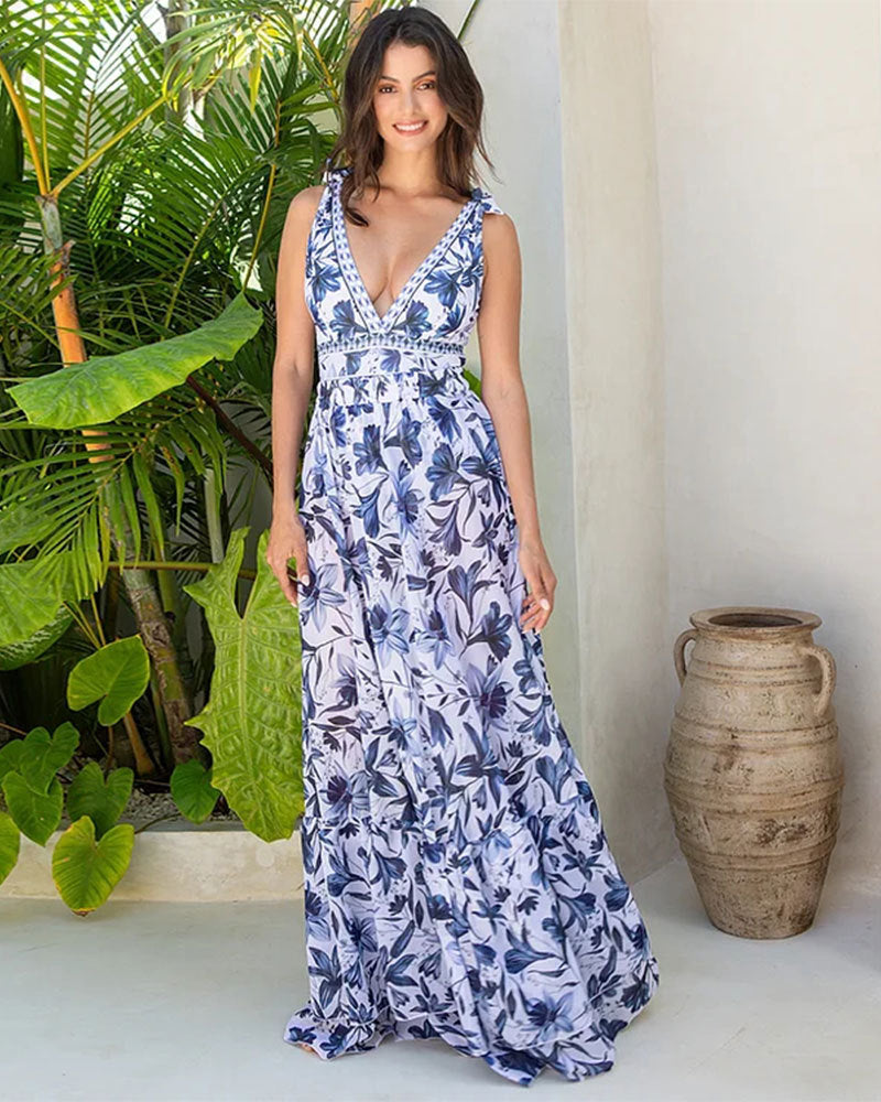 Shapecurve® V Neck Lace Up Strip Plant Prints One Piece Swimsuit and Skirt/Sarong