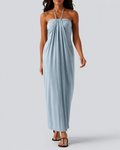 Halter Neck Maxi Dress with Adjustable Tie Back and Side Pockets