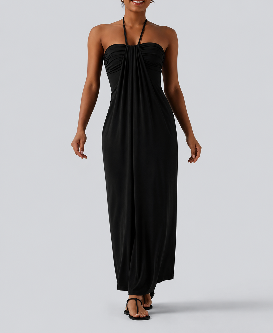 Halter Neck Maxi Dress with Adjustable Tie Back and Side Pockets