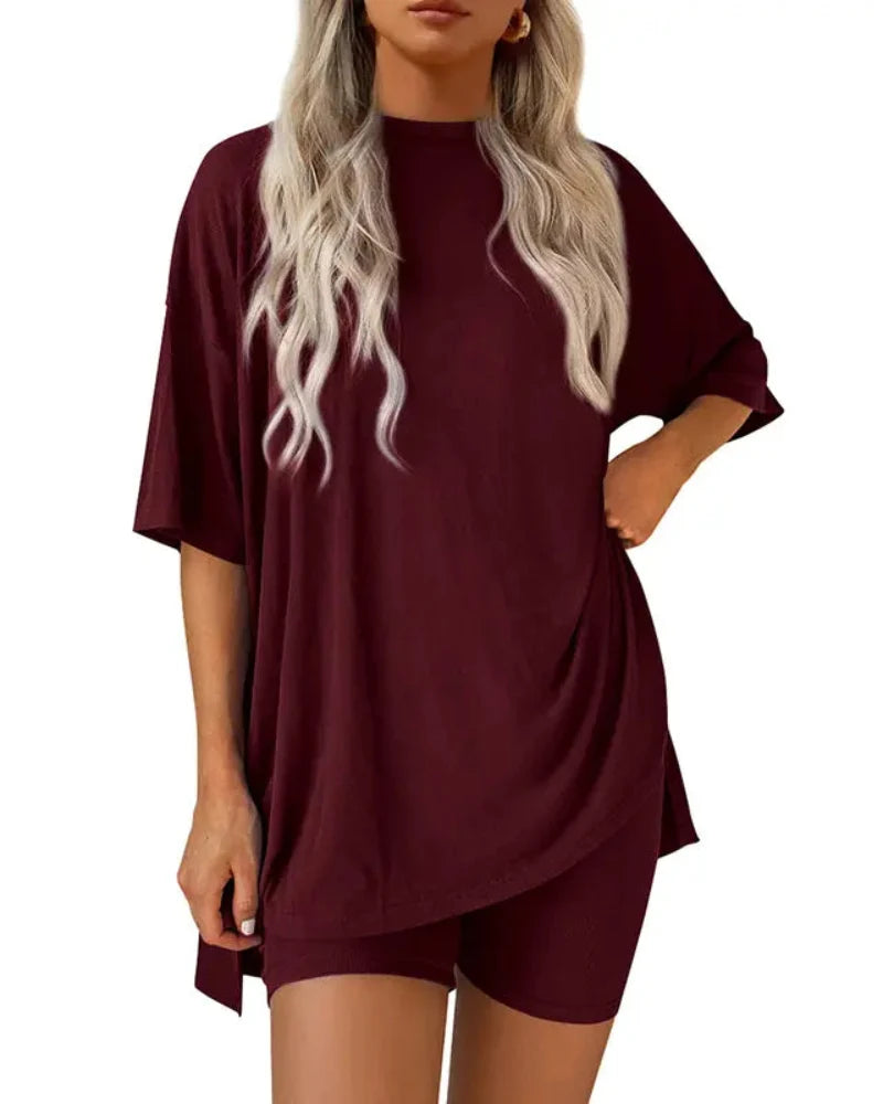 Casual 2-Piece Loungewear Set Oversized Split Hem Top & Fitted Shorts