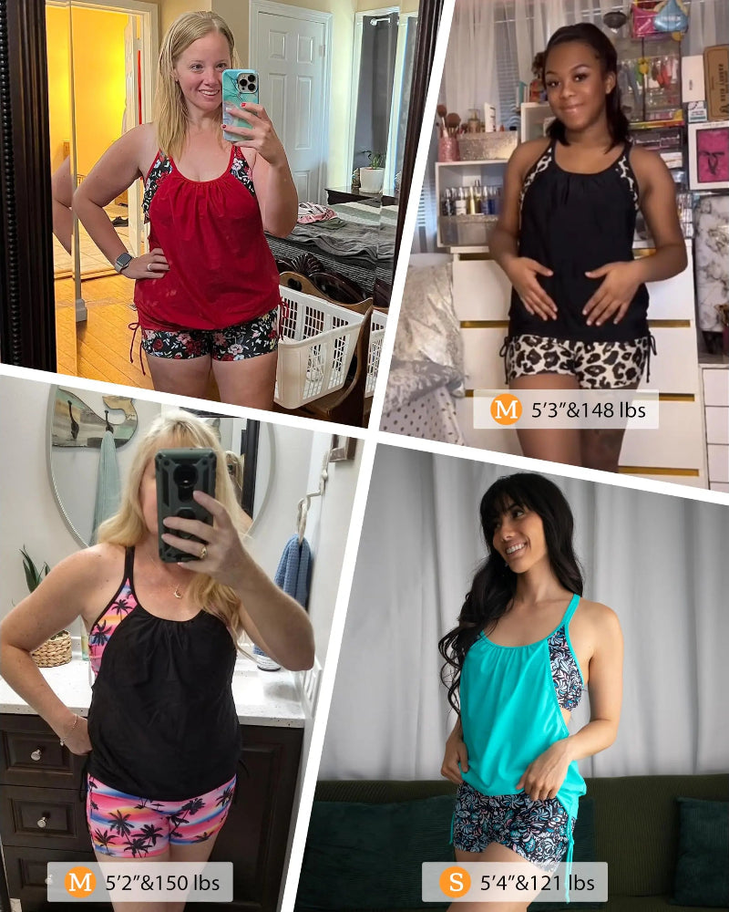 Two-Piece Blouson Tankini Swimsuit with Boyshorts