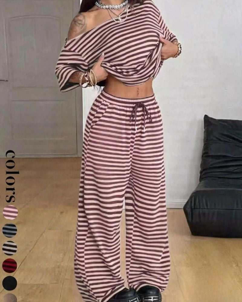 Striped Off-Shoulder Wide-Leg Two-Piece Set