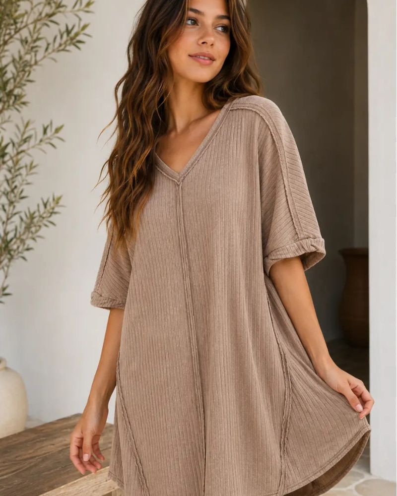 Ribbed Acid-Wash V-Neck Oversized Casual Dress