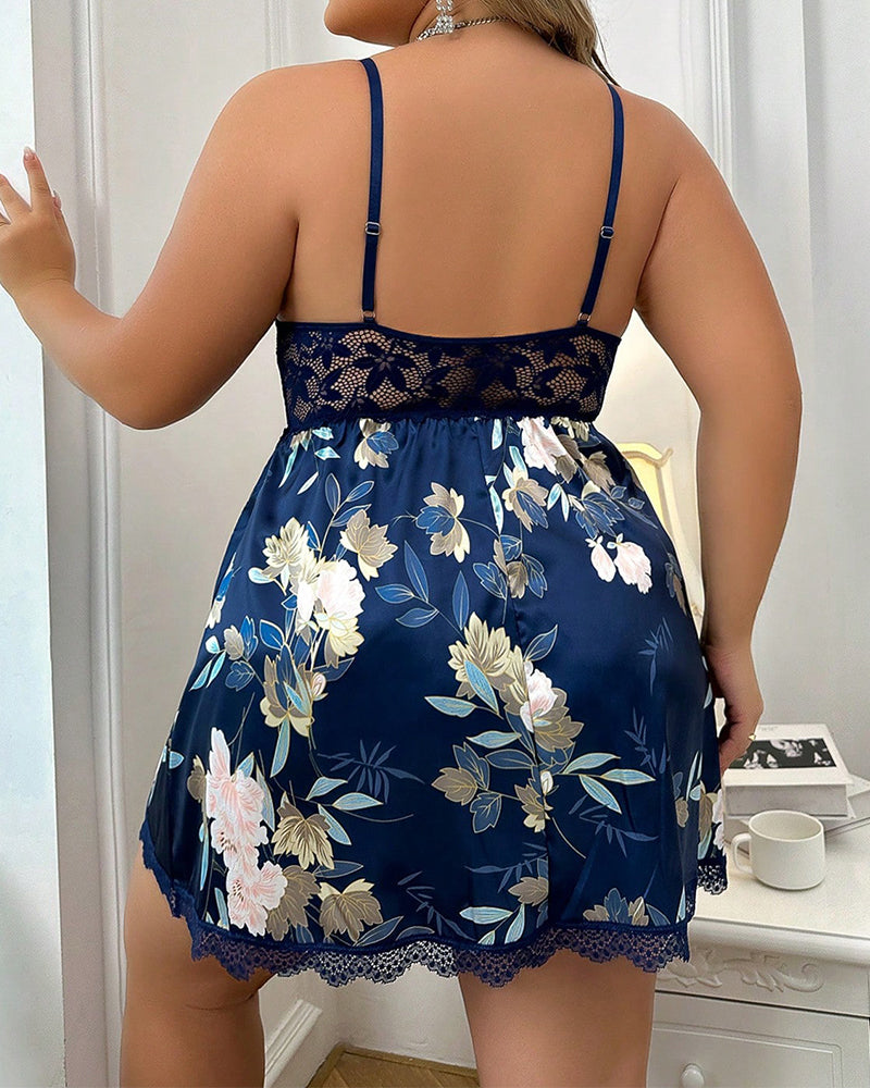Plus Size Lace Embroidered Floral Sheer Nightdress Set with Thong
