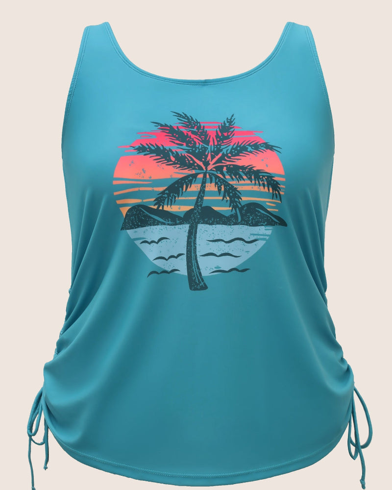 Island Print Drawstring Adjustable Swim Top