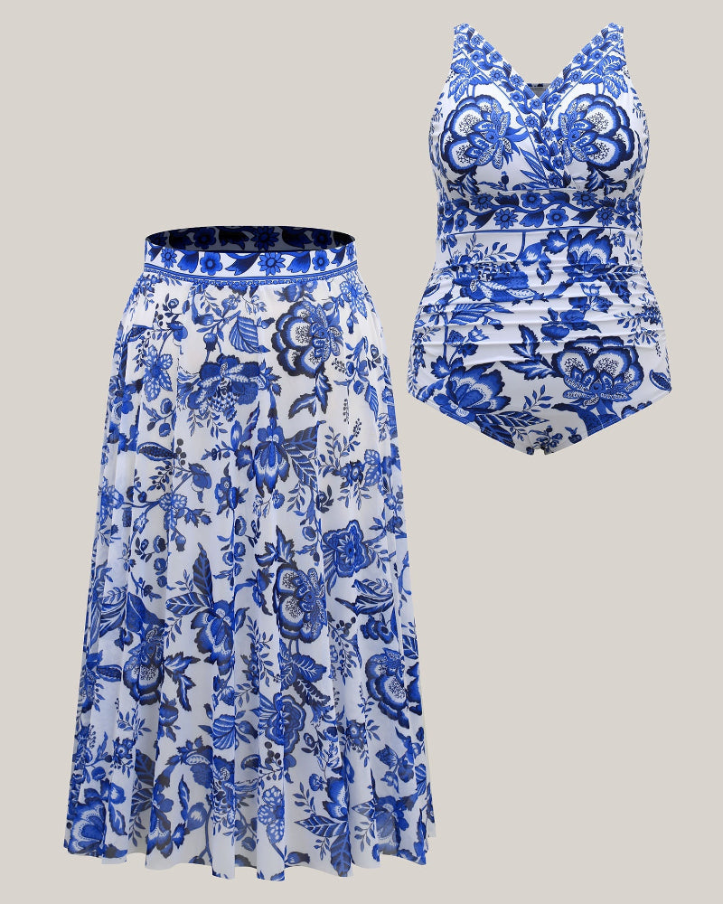 Two-Piece Floral Print Ruched Mesh Swimsuit, Sarong