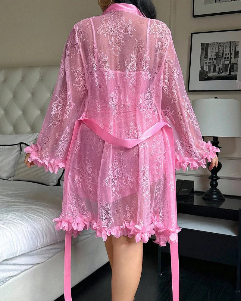 Plus size Lace Cami Nightgown & Floral Lace Trim Wide Sleeve Sheer Robe