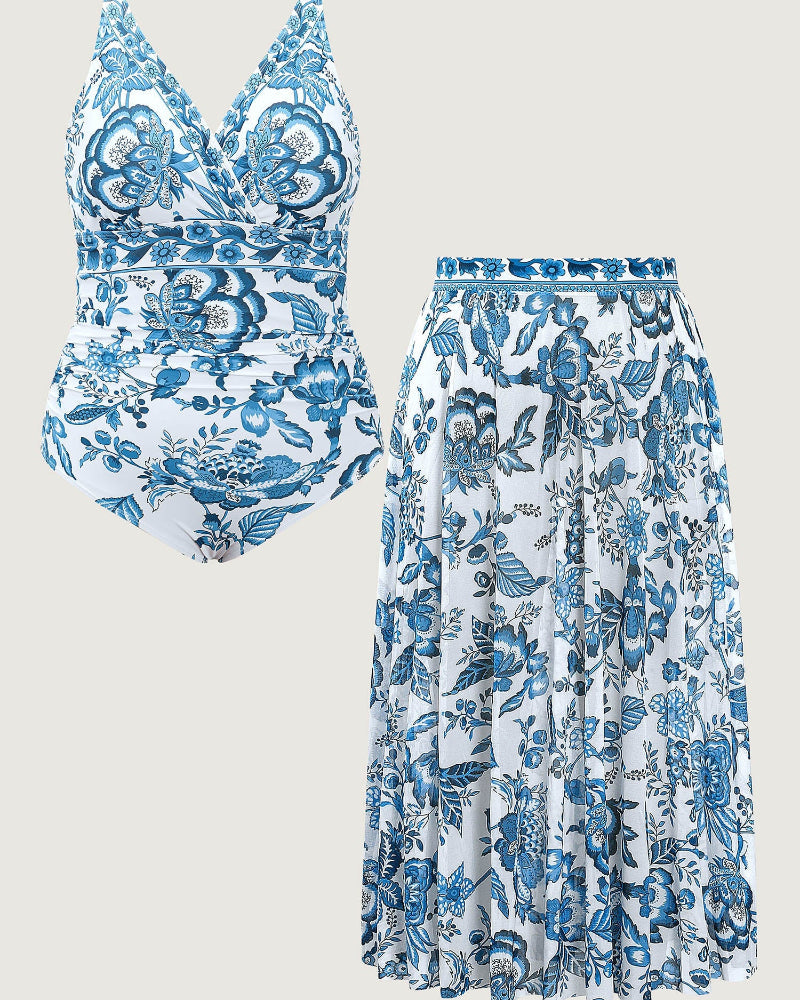Two-Piece Floral Print Ruched Mesh Swimsuit, Sarong
