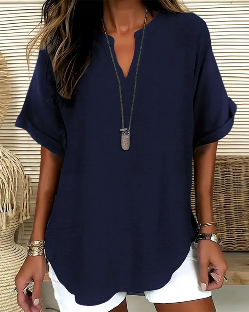 Relaxed V-Neck Short Sleeve Blouse