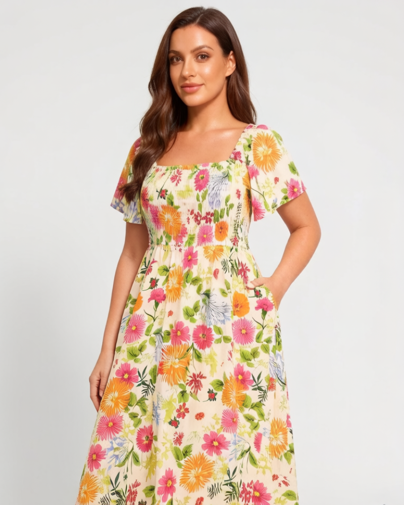 Floral Smocked Square Neck Midi Dress with Pockets