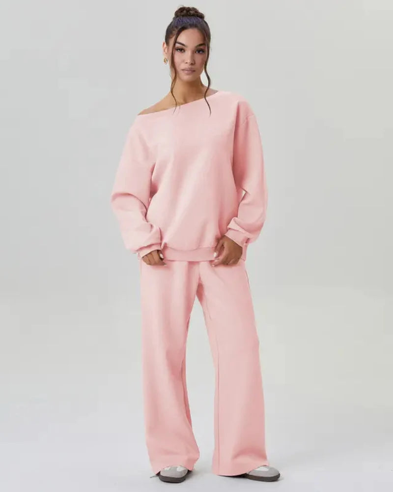 Women’s Cozy Two-Piece Lounge Set – One-Shoulder Long Sleeve Top & Wide-Leg Pants