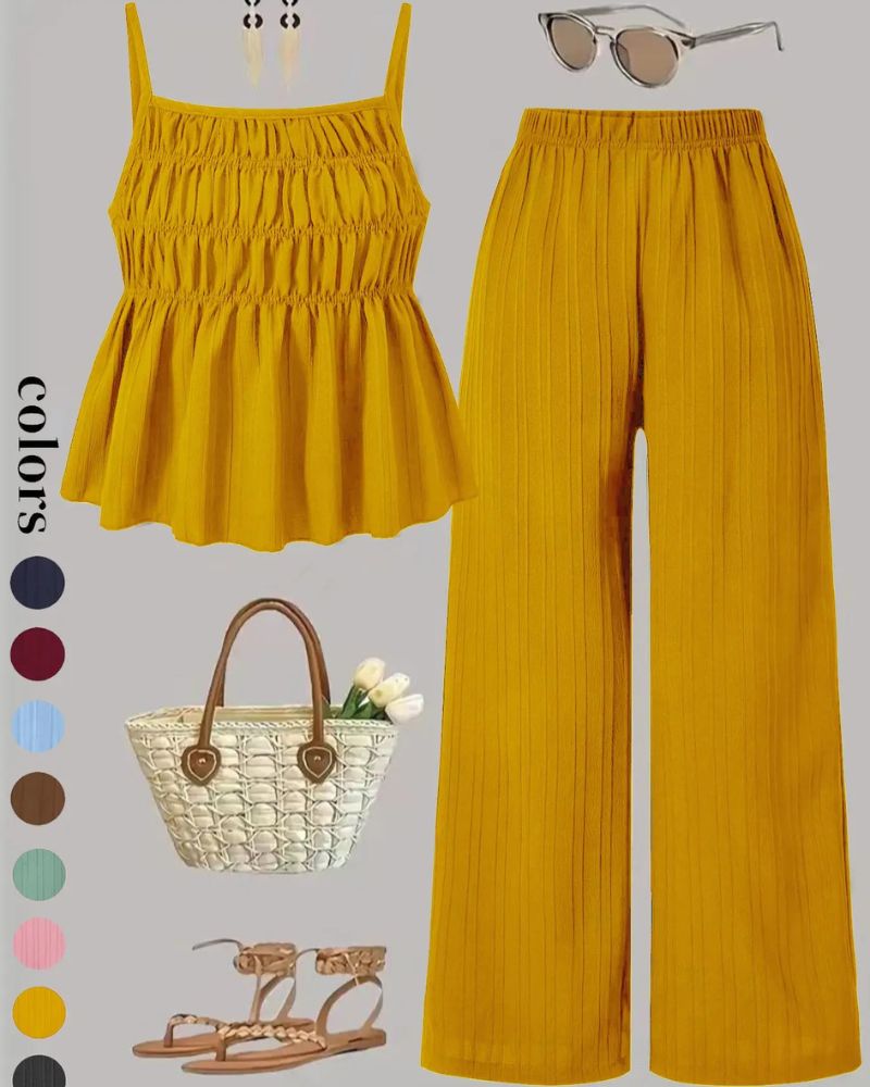 Solid Color Cami Top & Wide-Leg Pants Two-Piece Set