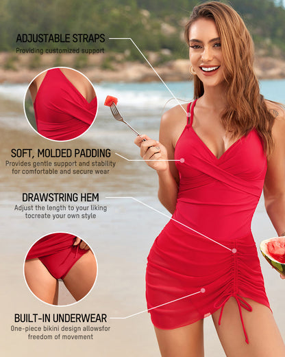 Adjustable Drawstring Mesh Patchwork One-Piece Swimsuit