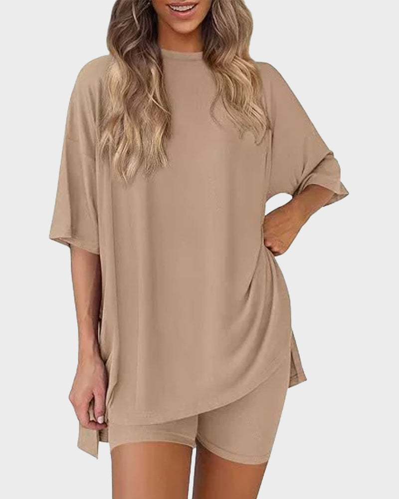 Casual 2-Piece Loungewear Set Oversized Split Hem Top & Fitted Shorts