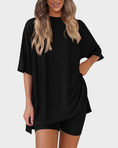 Casual 2-Piece Loungewear Set Oversized Split Hem Top & Fitted Shorts