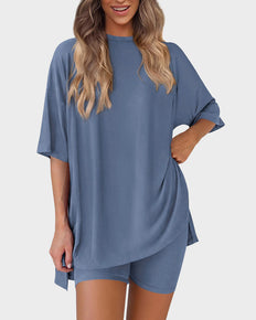 Casual 2-Piece Loungewear Set Oversized Split Hem Top & Fitted Shorts