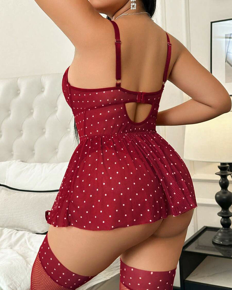 Sexy Plus Size Sheer Lace & Mesh Polka Dot Nightie for Women