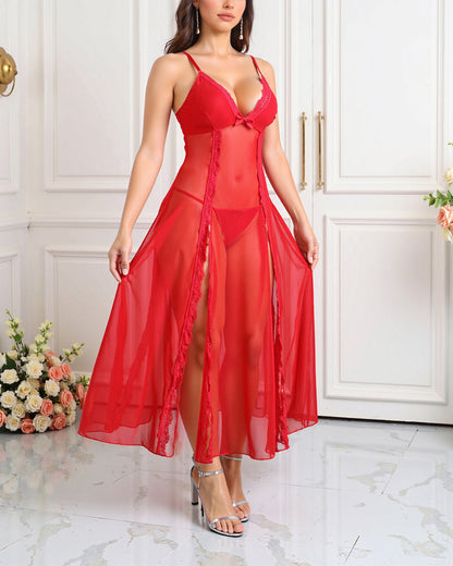 Sexy Sheer Backless Long Nightdress Set with Side Slit & Panty