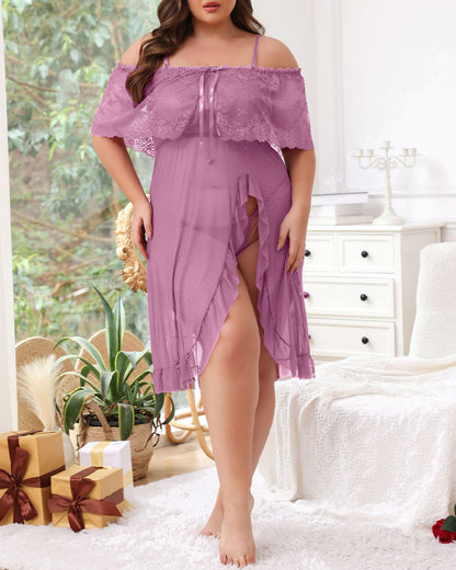 Sexy Plus Size Sheer Lace Nightdress & Panty Set