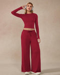 Women’s 2-Piece Activewear Set: Long-Sleeve Crop Top & Wide-Leg Pants | Stretchy Yoga/Workout/Running Clothes