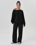 Women’s Cozy Two-Piece Lounge Set – One-Shoulder Long Sleeve Top & Wide-Leg Pants