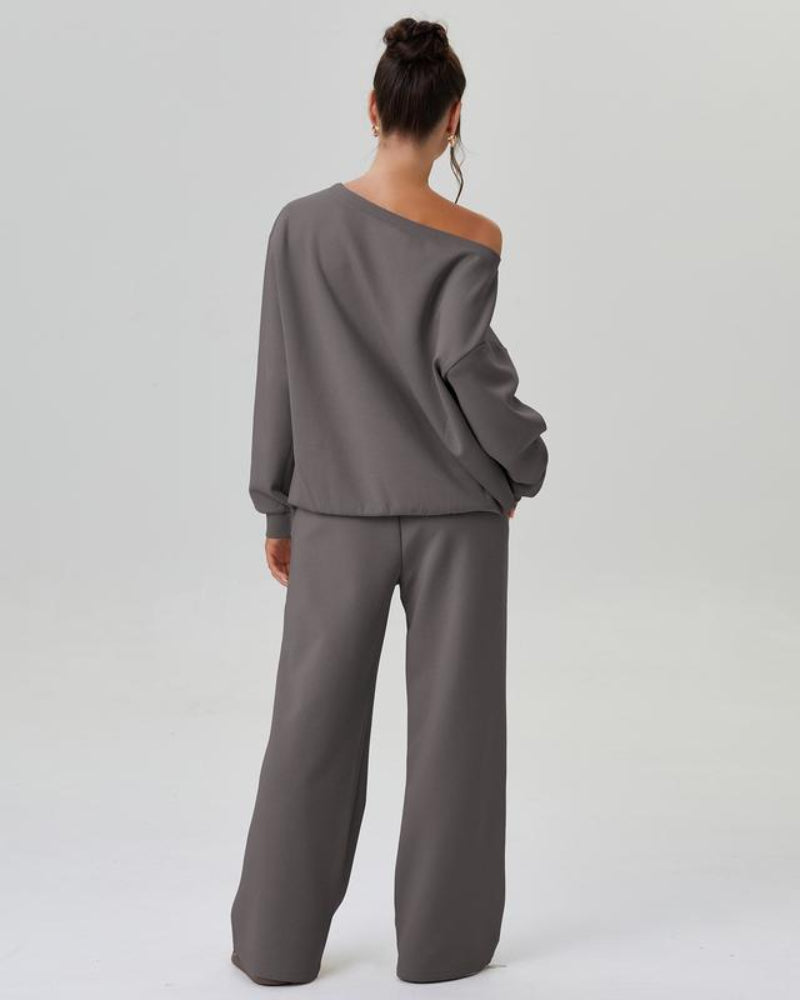 Women’s Cozy Two-Piece Lounge Set – One-Shoulder Long Sleeve Top & Wide-Leg Pants