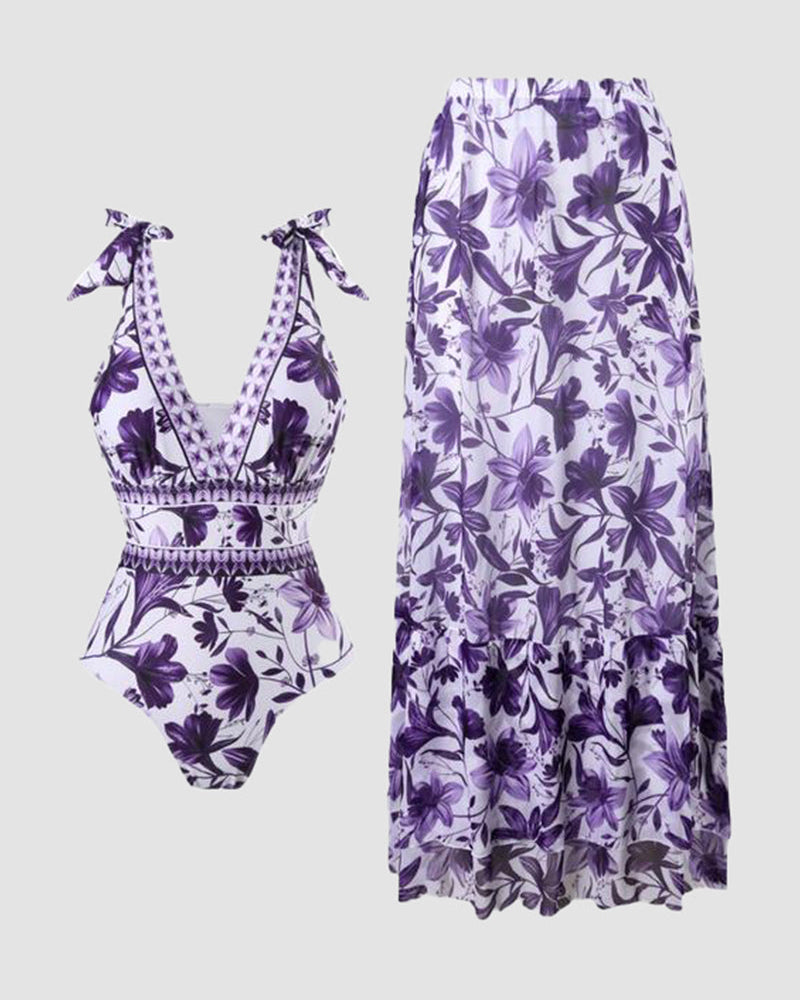 Shapecurve® V Neck Lace Up Strip Plant Prints One Piece Swimsuit and Skirt/Sarong