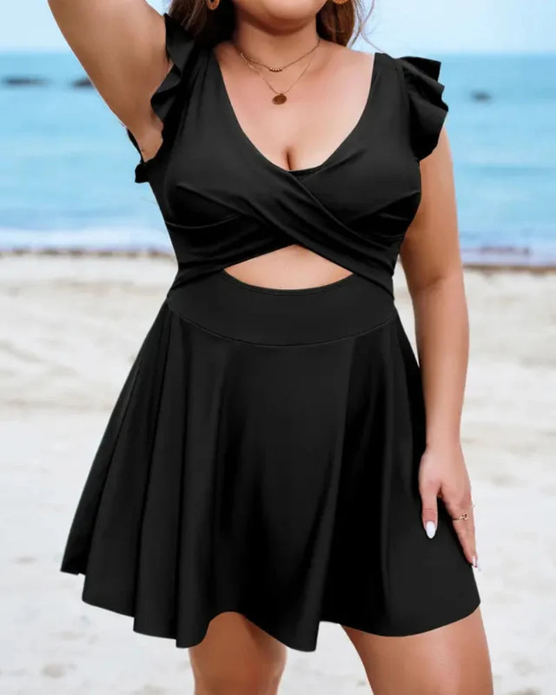 One Piece Swimsuit Ruffle Cutout Swimdress Tummy Control V Neck