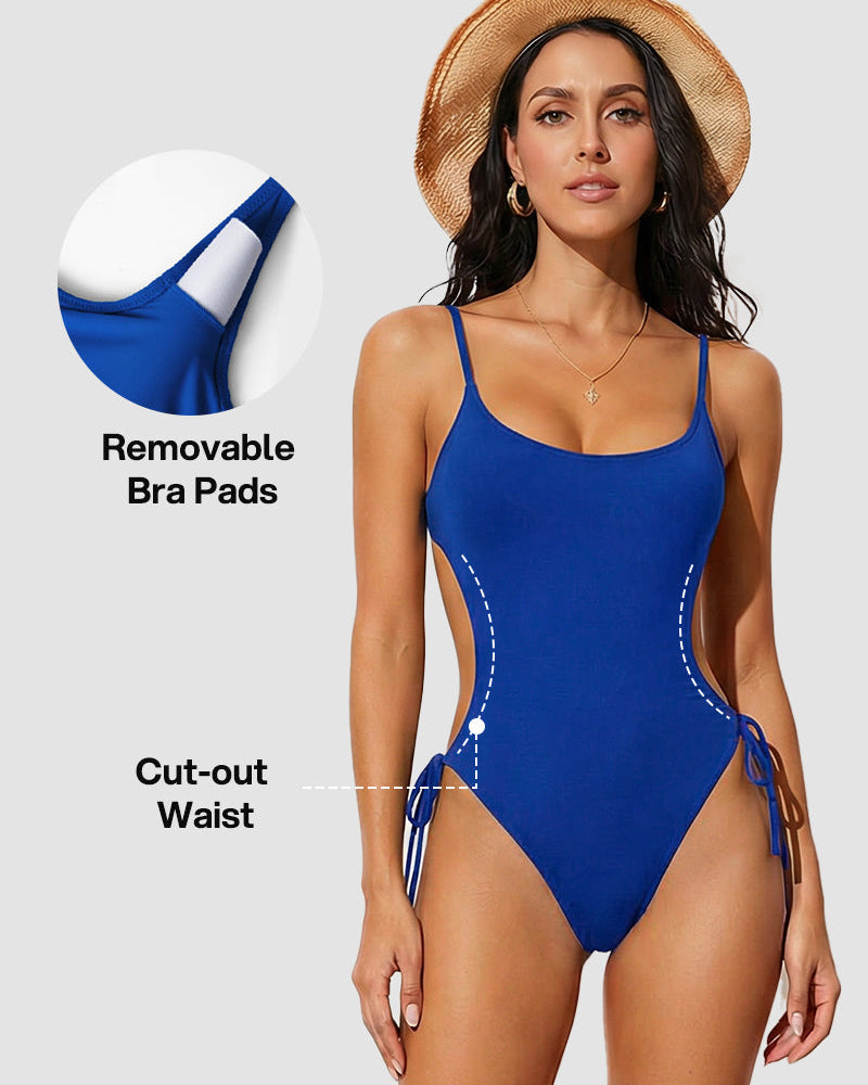 Scoop Neck Backless One Piece Swimsuit – Adjustable Straps, Fully Lined